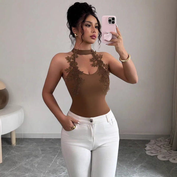 Damen Elegantes Bodysuit mit floralem Spitzeneinsatz Drune