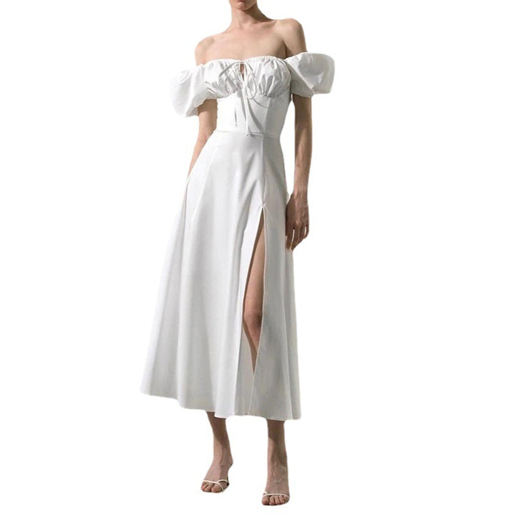 Damen Maxikleid mit schulterfreier Silhouette und raffinierten Puffärmeln Drune