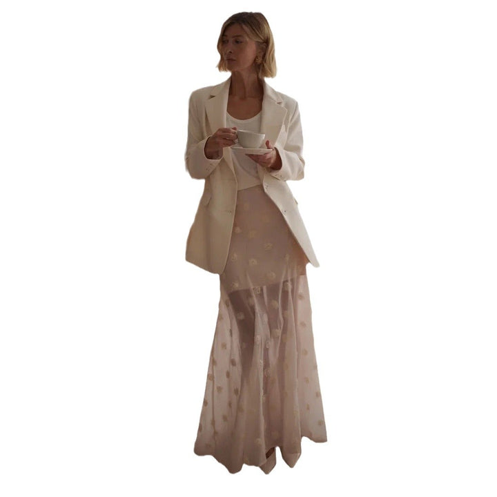 Damen Elegante, luftige Maxi-Rock mit floralem Durchblick und feinen Federakzenten Drune