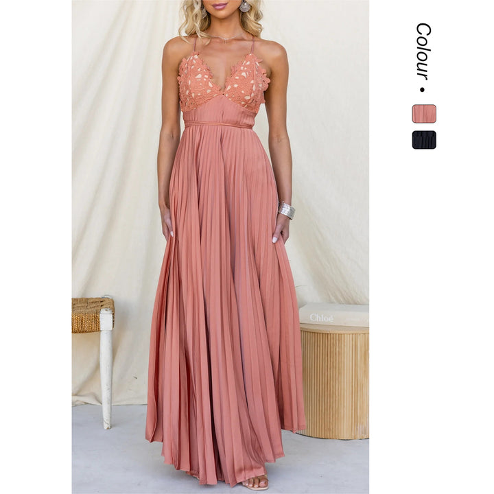 Damen Plissiertes Maxikleid mit verzierten Trägern und elegantem Taillengürtel Drune