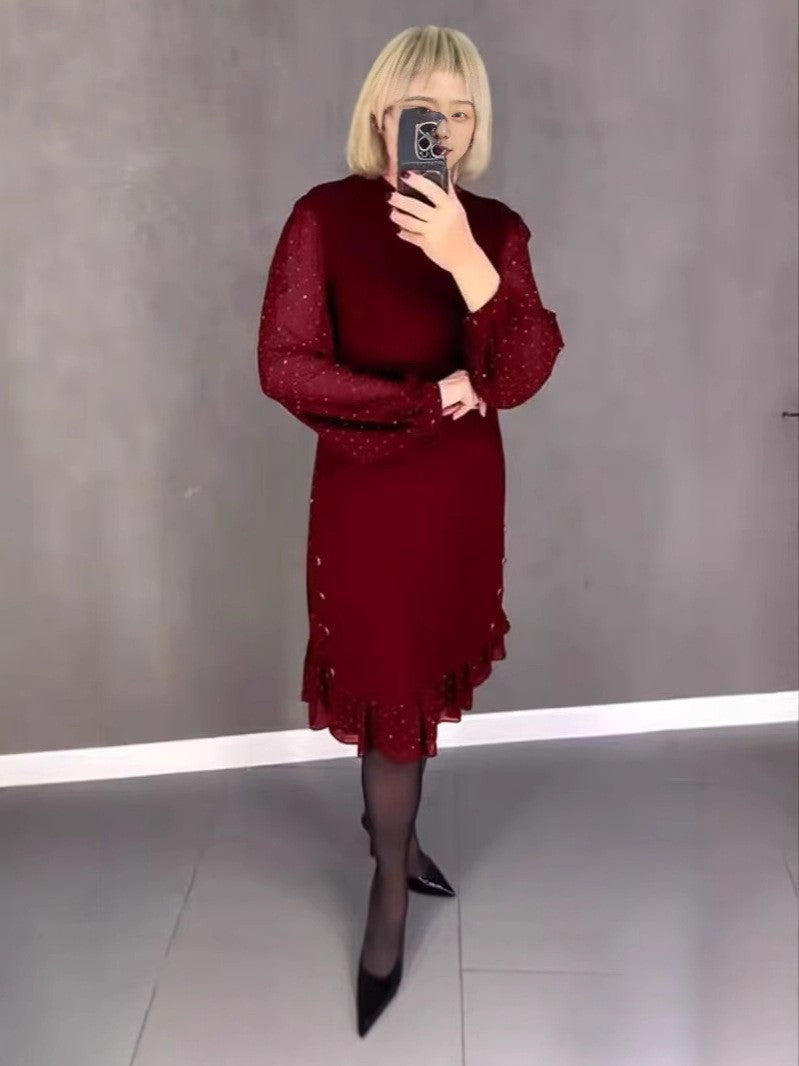 Damen Elegantes Kleid mit voluminösen Ärmeln und durchbrochenem Saum Drune