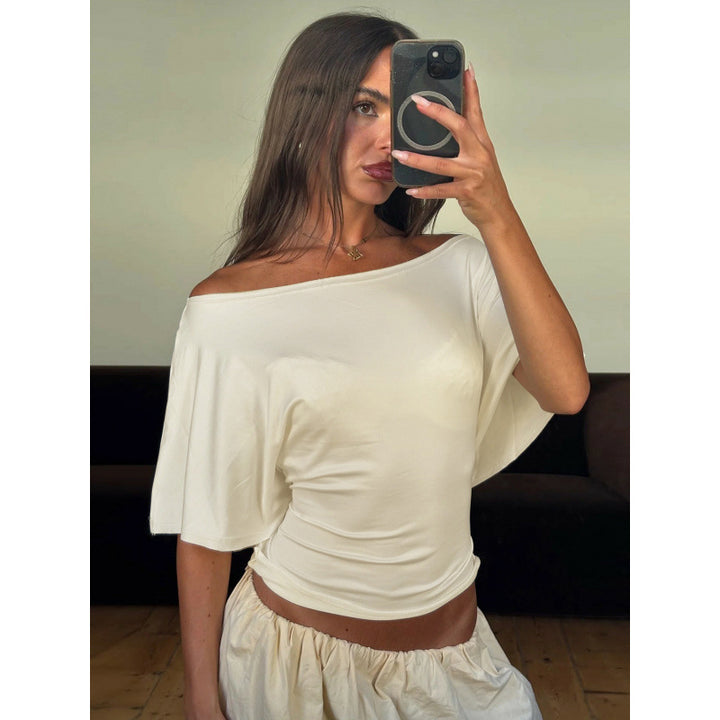 Damen asymmetrisches Crop-Top mit weitem Schnitt und fließenden Ärmeln Drune