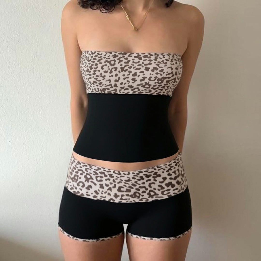 Damen Bandeau-Bikini-Set mit modischem Leopardenmuster und bequemen Shorts Drune