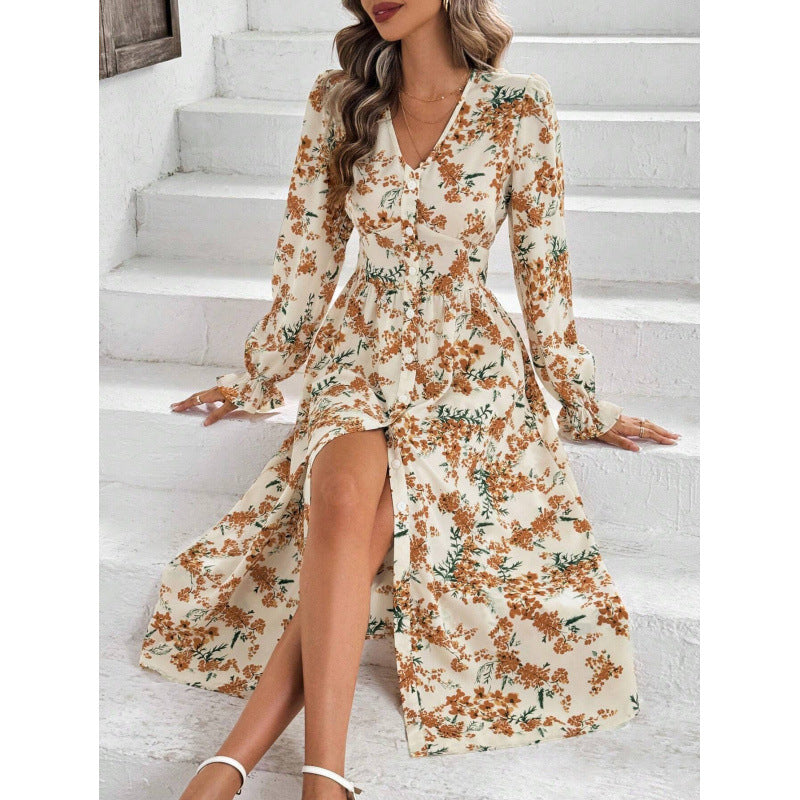 Damen Maxi-Kleid mit floralen Mustern und langem Arm Drune