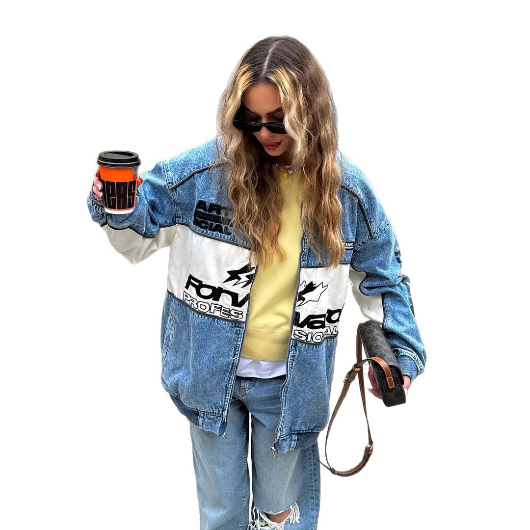 Damen Oversized Denim-Jacke mit kontrastreichen Applikationen und modernem Schnitt Drune