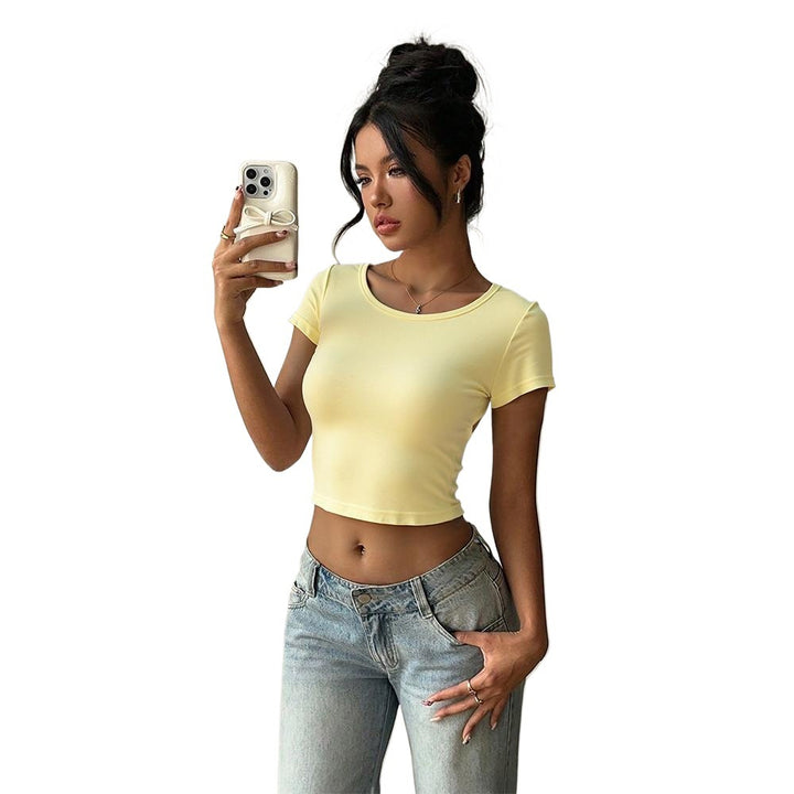 Damen trendiges cropped T-Shirt mit Rundhalsausschnitt Drune