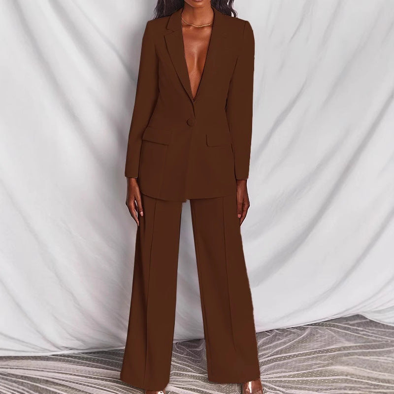 Damen nan taillierter Ein-Knopf-Blazer mit Pattentaschen und weiter Palazzo-Hose Hosenanzug Drune