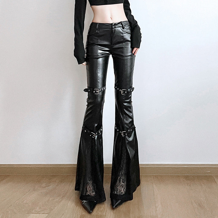 Damen Modische Kunstleder Flared Hose mit verstellbarem Bund Drune