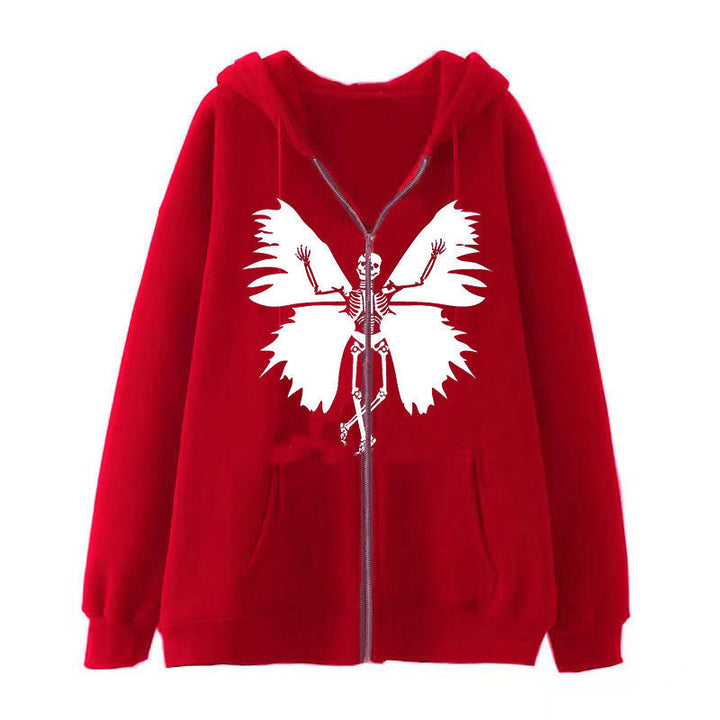 Damen Zip-Hoodie mit einzigartigem Skelett- und Schmetterlingsmotiv Drune
