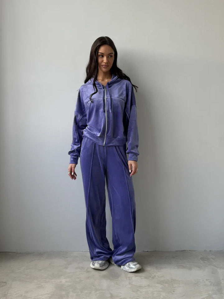 Damen Sportlicher Velours-Anzug mit moderner Kapuze und elastischem Bund Drune