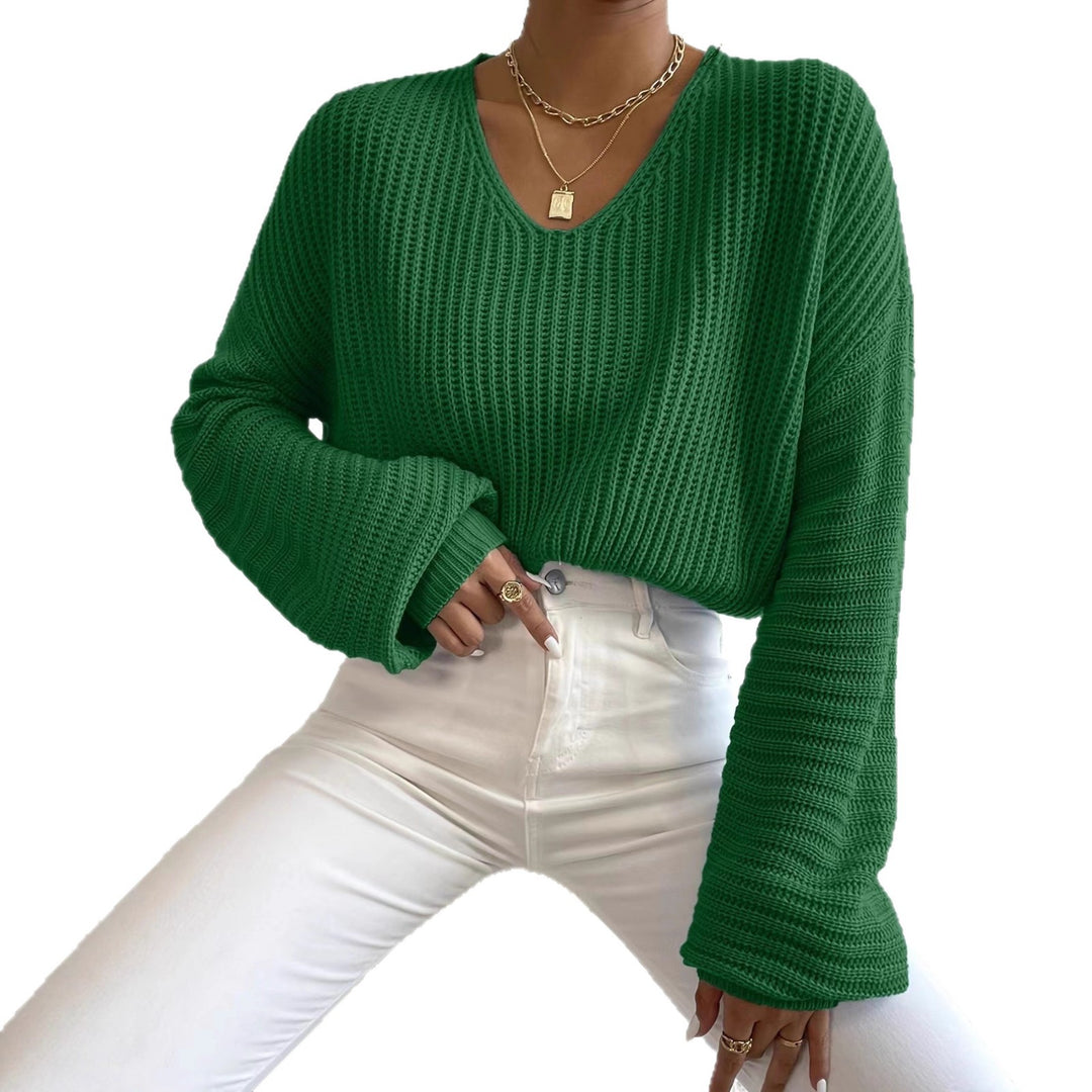 Damen Grobstrickpullover mit tiefem V-Ausschnitt und lässigen Ärmeln Drune