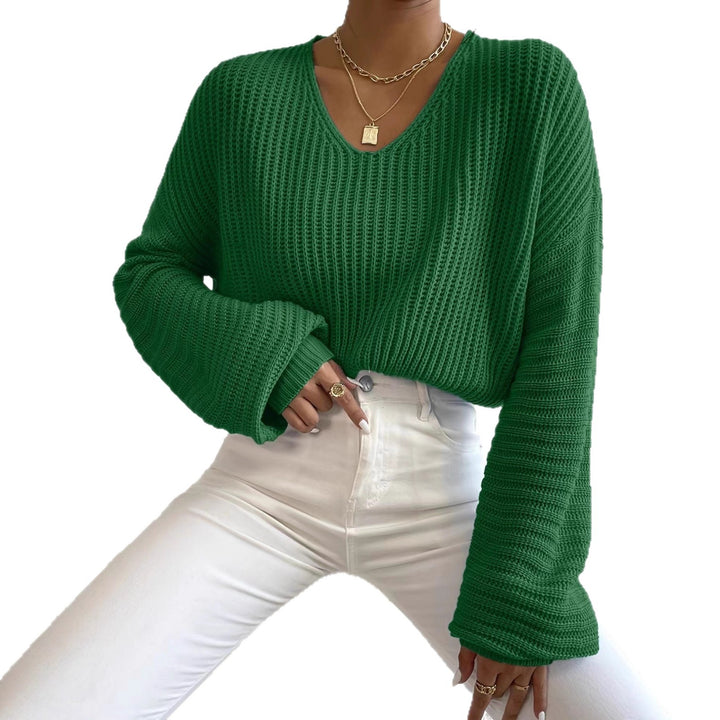 Damen Grobstrickpullover mit tiefem V-Ausschnitt und lässigen Ärmeln Drune