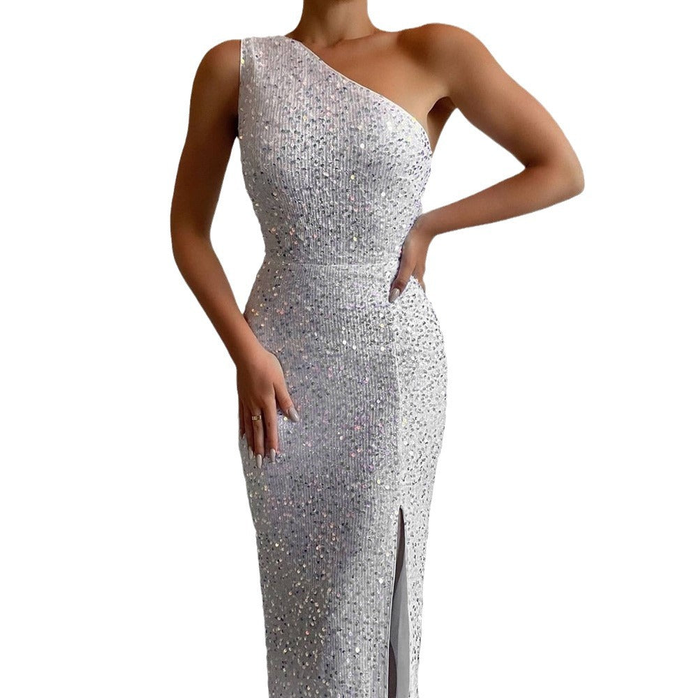 Damen Glamouröses Abendkleid mit asymmetrischem Ausschnitt und schimmernden Details Drune