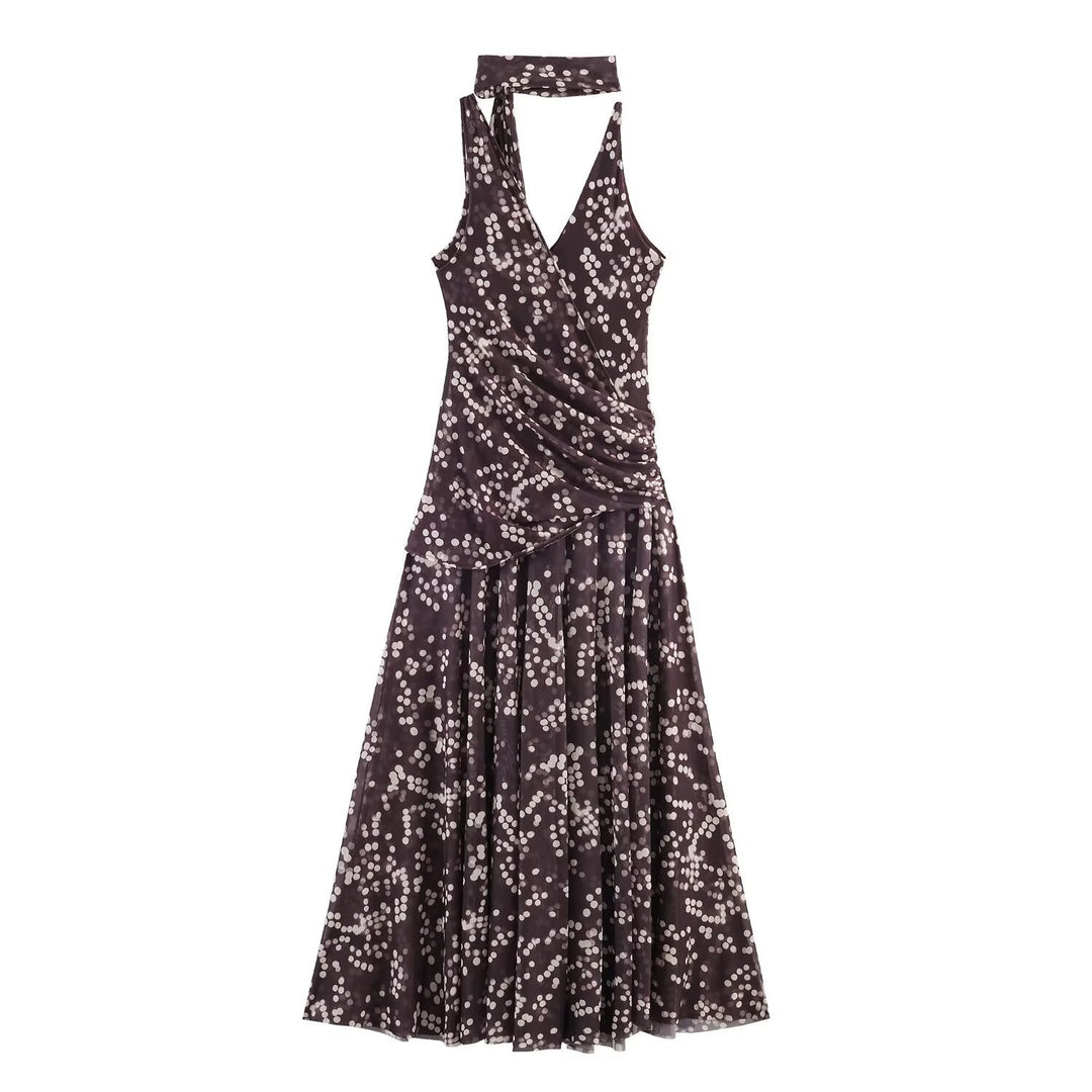 Damen Maxikleid mit floralem Rüschenversatz und elegantem V-Ausschnitt Drune