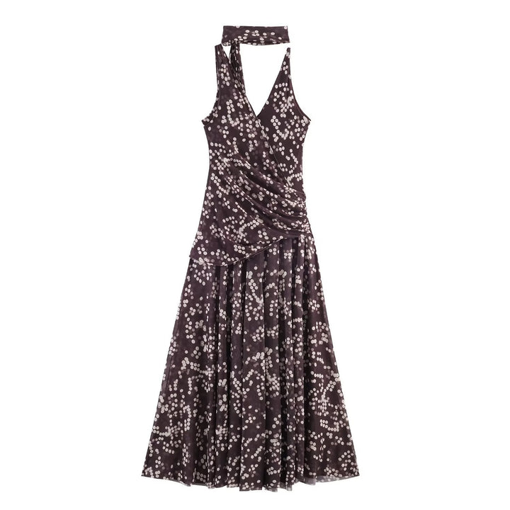 Damen Maxikleid mit floralem Rüschenversatz und elegantem V-Ausschnitt Drune