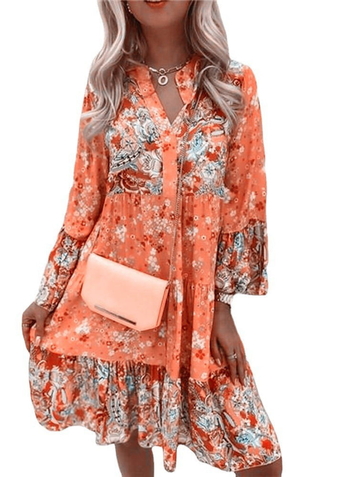 Damen nan florales Boho-Kleid mit V-Ausschnitt und Stufenrock Drune