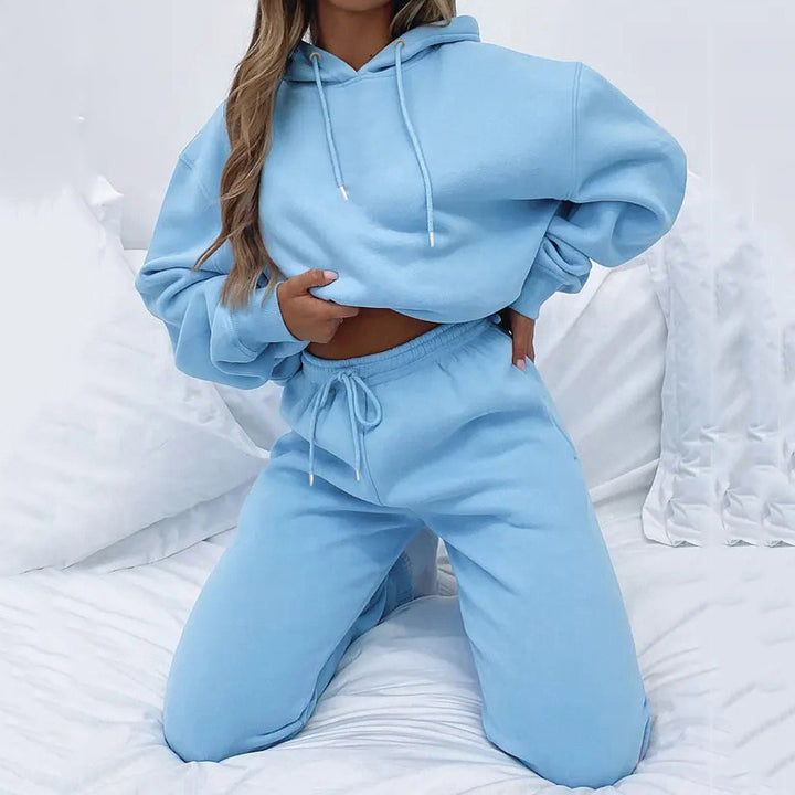 Damen nan Cropped Kapuzenjacke und High-Waist Jogginghose Set aus French Terry mit elastischem Bund Drune