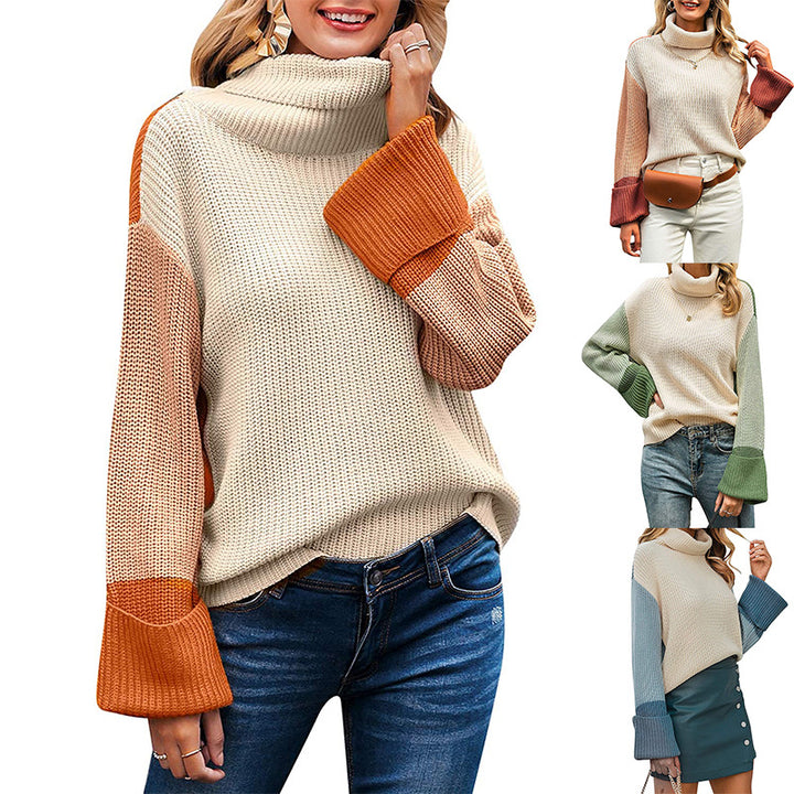 Damen Grobstrickpullover mit hohem Kragen und kontrastierenden Ärmeln Drune