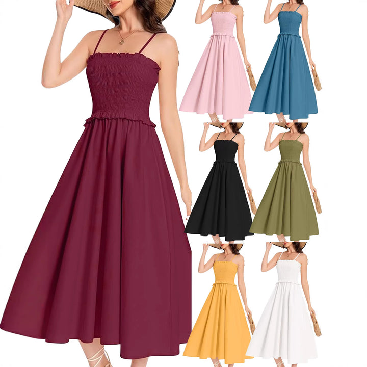 Damen Midi-Kleid mit elastischem Oberteil und weiten Rock Drune