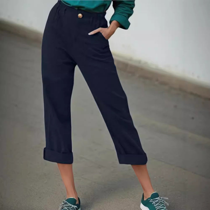 Damen Elegante Leinenhose mit breitem Bein und umschlagenem Saum Drune