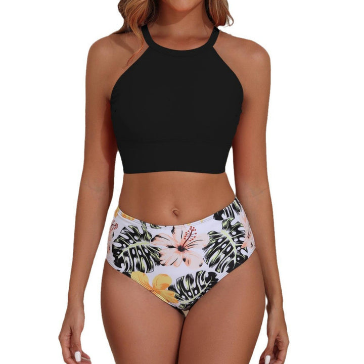 Badeanzug Oberteil mit Hochkragen und floraler Hochschnitt-Hose Drune
