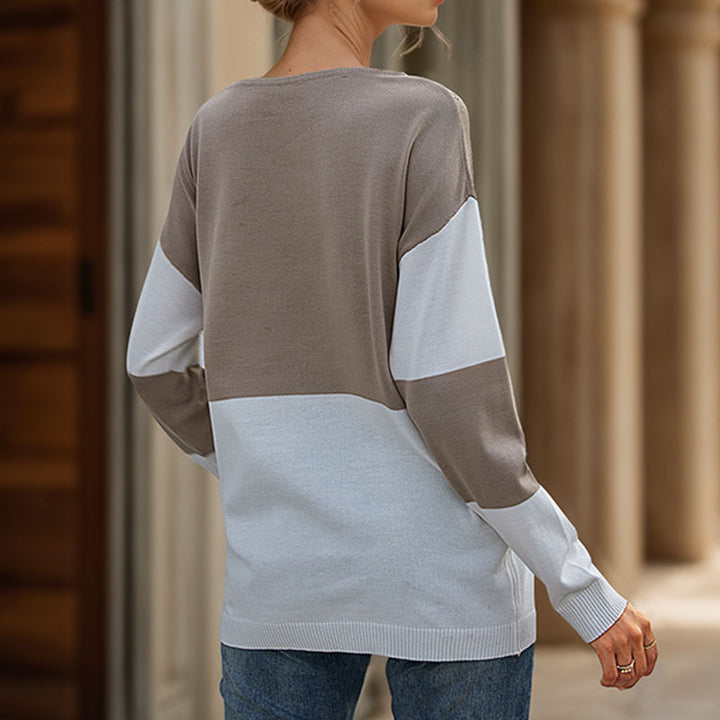 Damen lässiger Strickpullover mit modernem Blockdesign und hohem Rundhals Drune