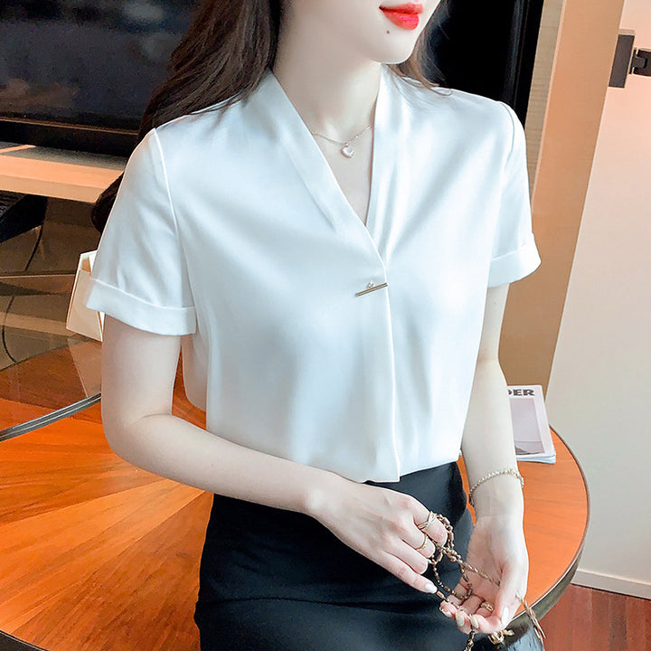 Damen Elegante Bluse mit V-Ausschnitt und modischem Knopfdetail Drune