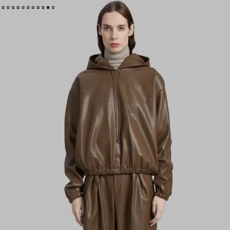 Damen lässige Kunstlederjacke mit Kapuze Drune