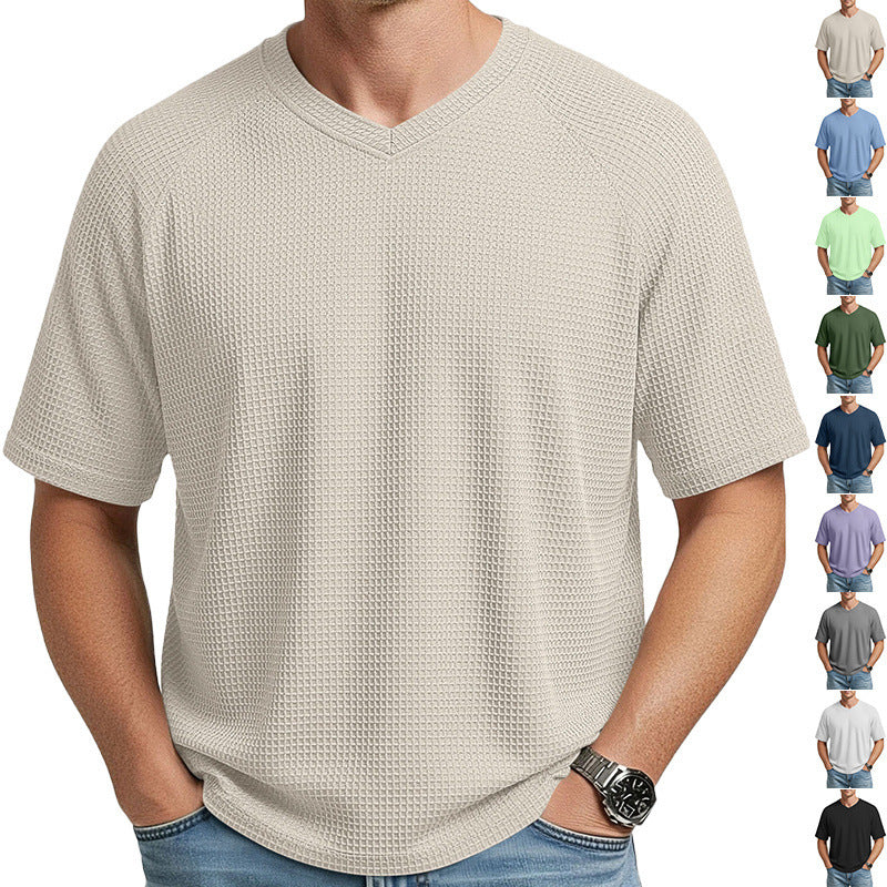 Herren nan lässiges V-Ausschnitt Waffelstrick-T-Shirt aus atmungsaktivem Baumwollmix Drune