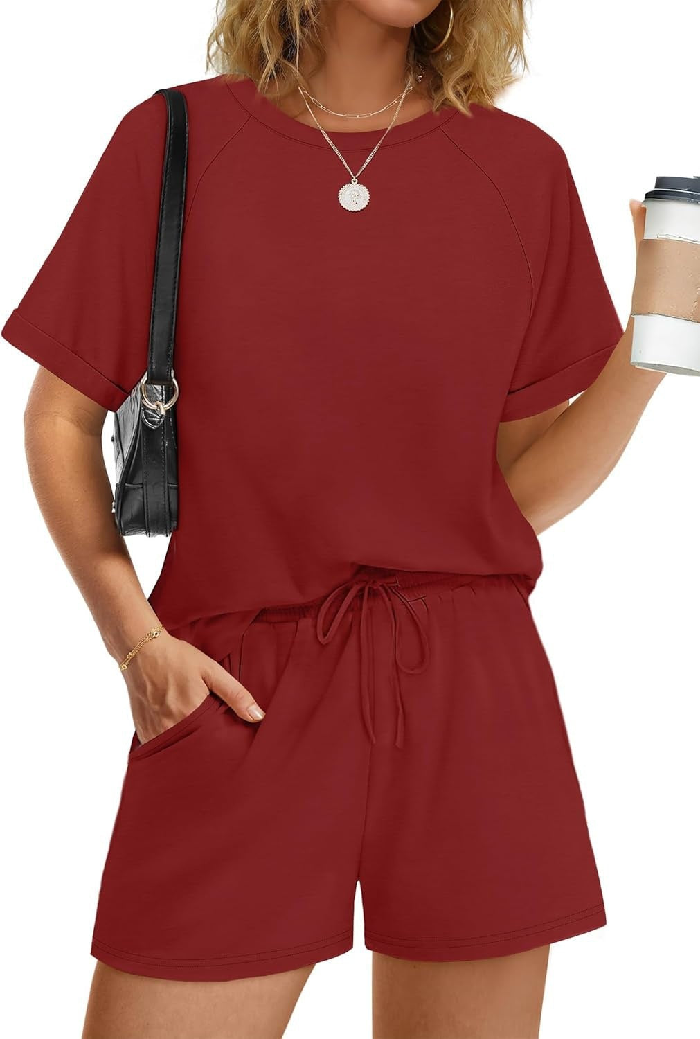 Damen lässiger Kombi aus T-Shirt und Shorts mit elastischem Bund Drune