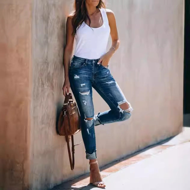 Damen Destroyed Skinny Jeans mit lässigem Schnitt und fransigen Details Drune