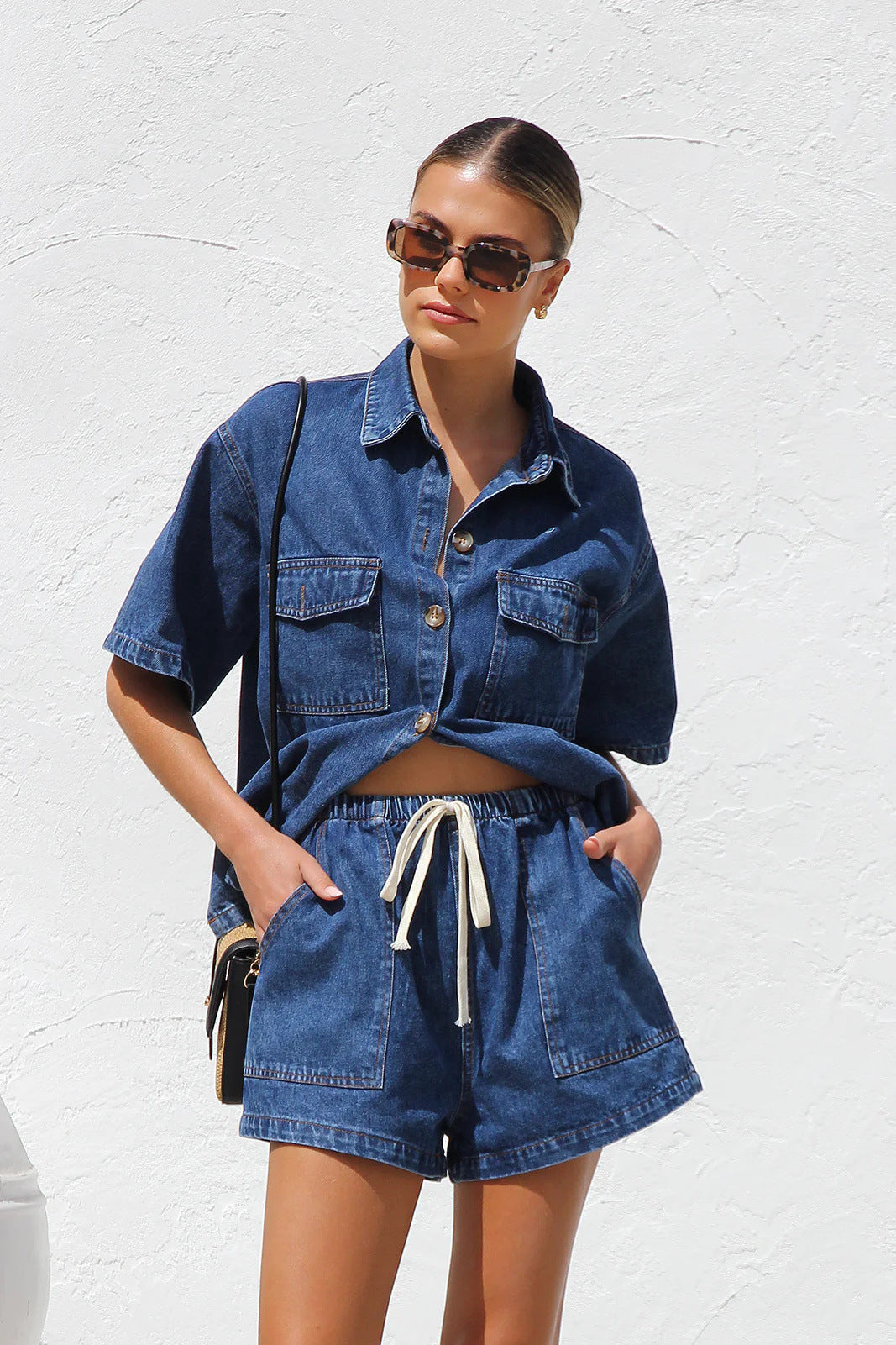 Damen Denim-Crop-Top und Shorts-Set mit praktischen Taschen und lässigem Schnitt Drune