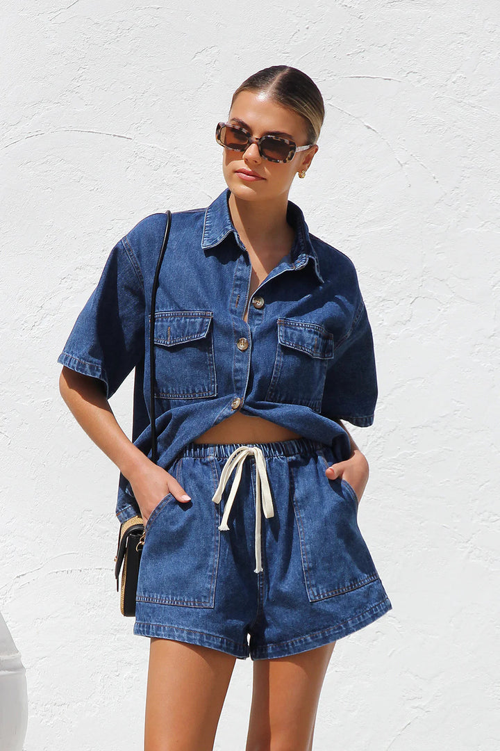 Damen Denim-Crop-Top und Shorts-Set mit praktischen Taschen und lässigem Schnitt Drune