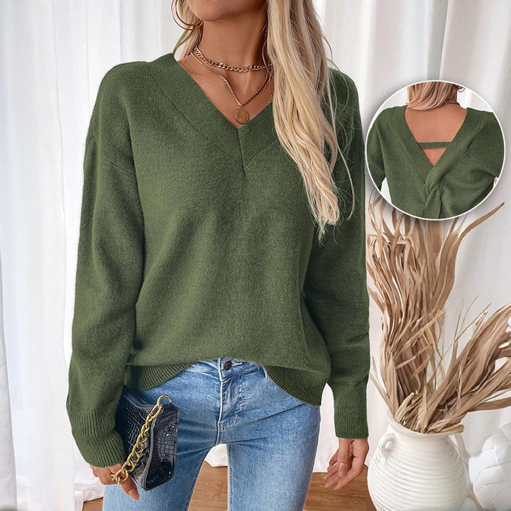 Damen gemütlicher V-Ausschnitt Pullover mit drei Viertel Ärmeln und lässigem Schnitt Drune