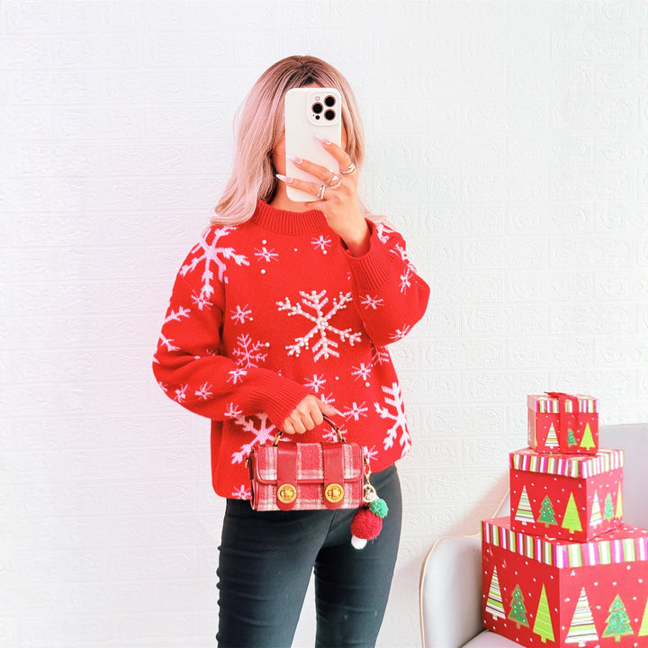 Damen Weihnachts-Pullover mit festlichem Schneemuster und hohem Kragen Drune