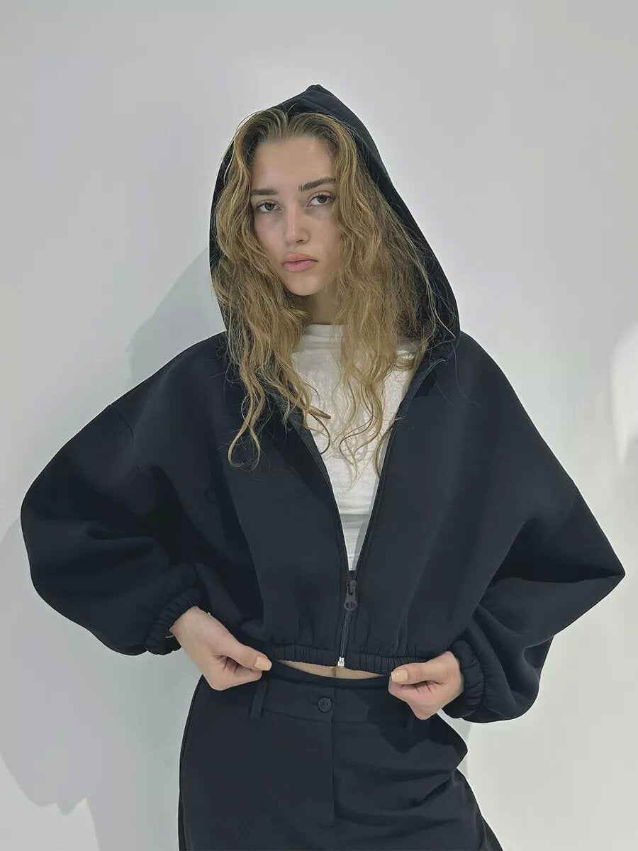 Damen nan oversized Kapuzenjacke kurz geschnitten mit elastischem Saum und Ballonärmeln Drune