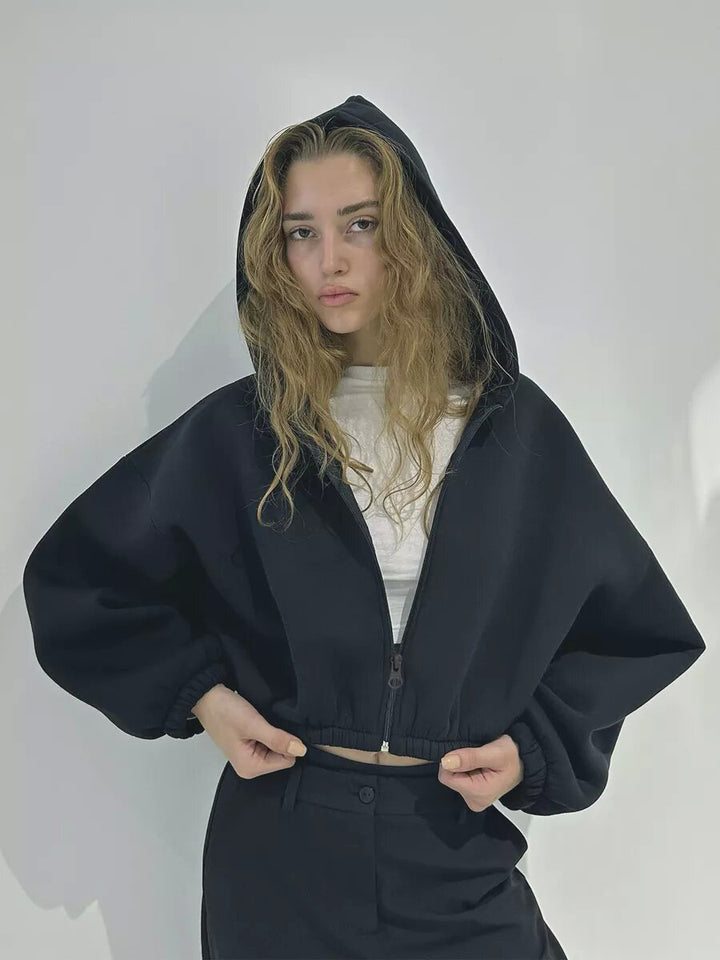 Damen nan oversized Kapuzenjacke kurz geschnitten mit elastischem Saum und Ballonärmeln Drune
