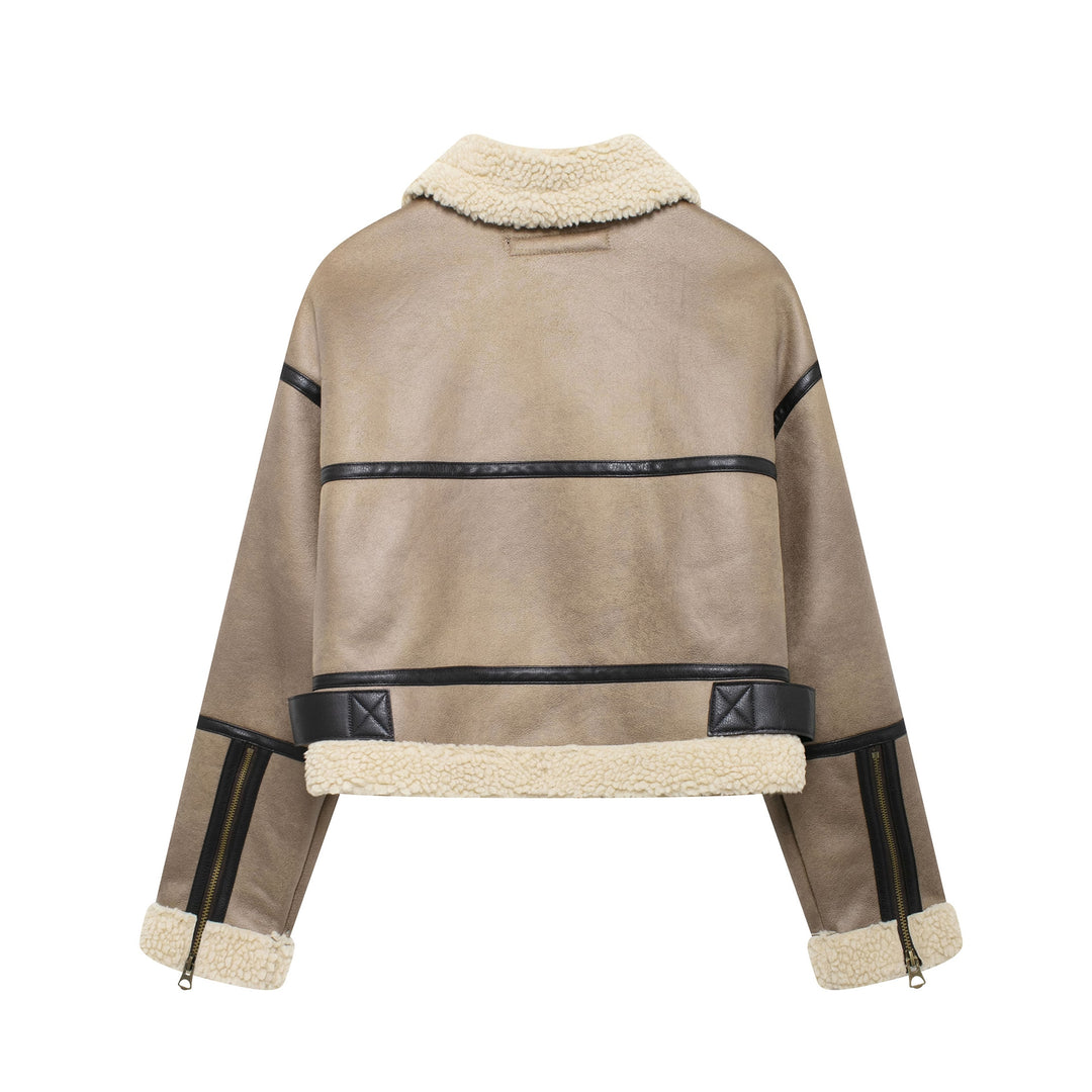 Damen Modische Übergangsjacke aus hochwertigem Kunstleder mit Teddyfell-Kragen und praktischen Taschen Drune