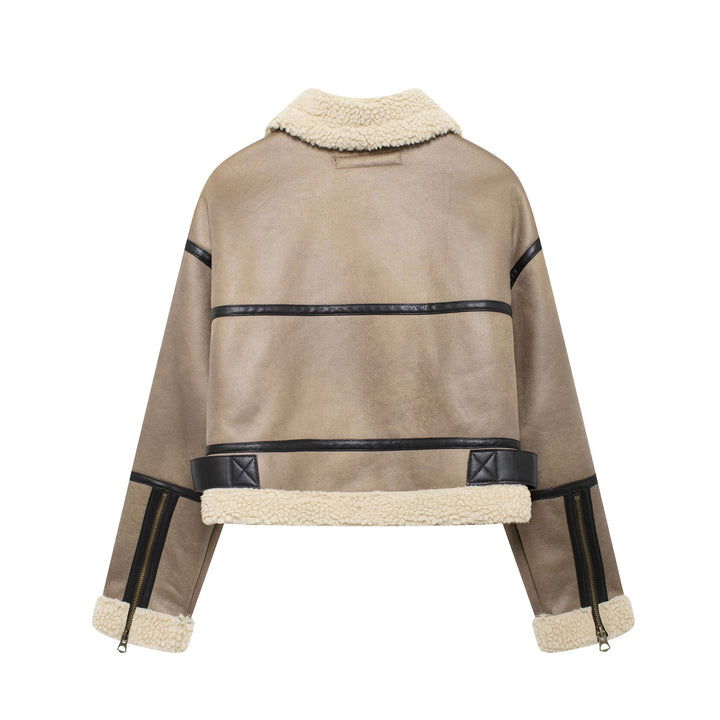 Damen Modische Übergangsjacke aus hochwertigem Kunstleder mit Teddyfell-Kragen und praktischen Taschen Drune