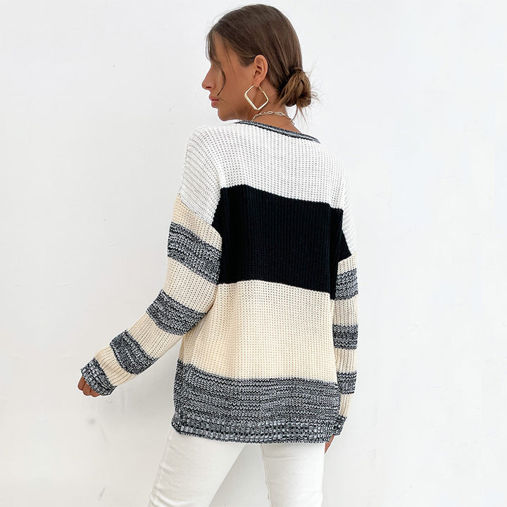 Damen lässiger Strickpullover mit modischem Blockdesign und weiten Ärmeln Drune