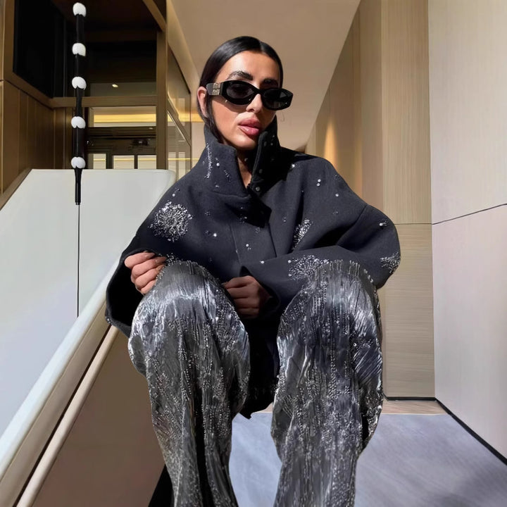 Damen Modische Oversized-Jacke mit funkelnden Applikationen Drune