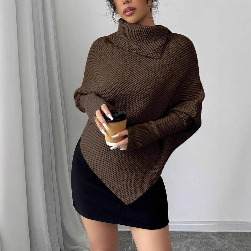 Damen Oversized Strickpullover mit asymmetrischem Saum und hohem Kragen Drune