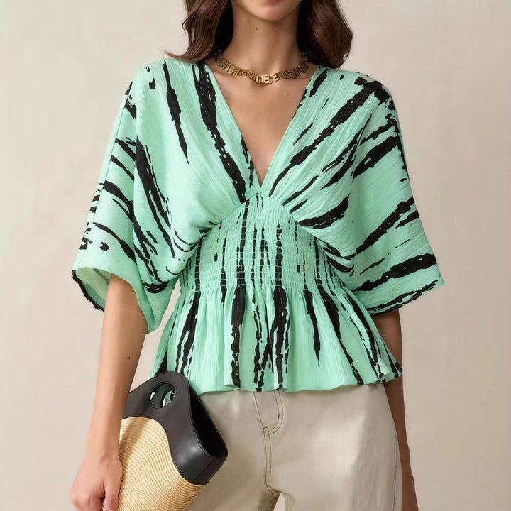 Damen V-Ausschnitt Bluse mit weitem Schnitt und Raffung Drune
