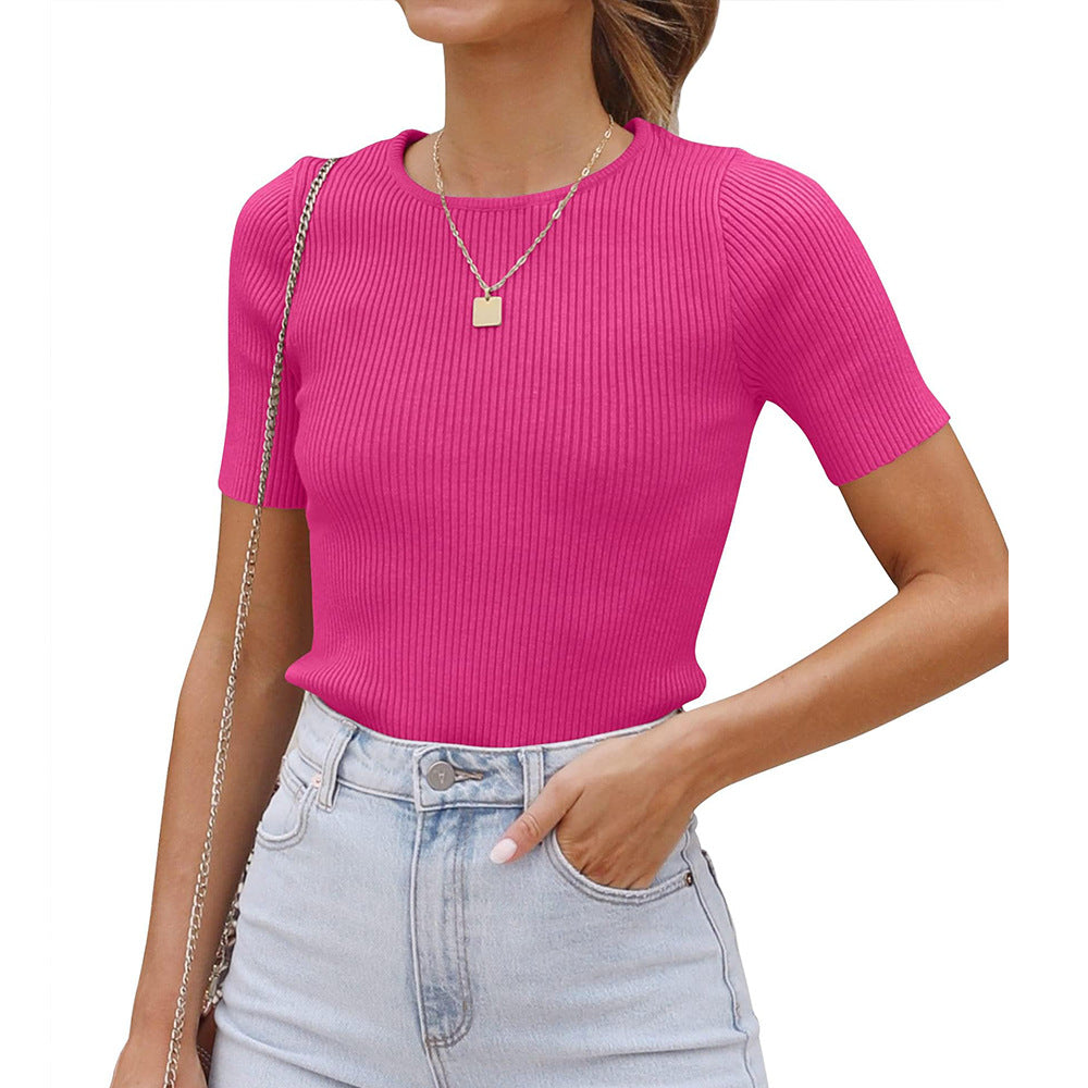 Damen figurbetontes T-Shirt mit feiner Rippstruktur und Rundhalsausschnitt Drune