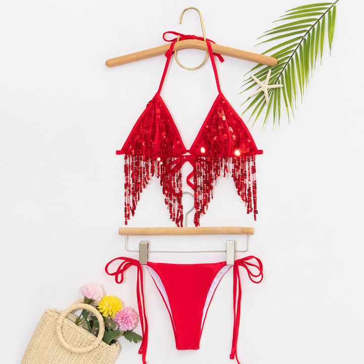 Damen Bikini-Set mit glitzernden Pailletten und verspielten Bindebändern Drune