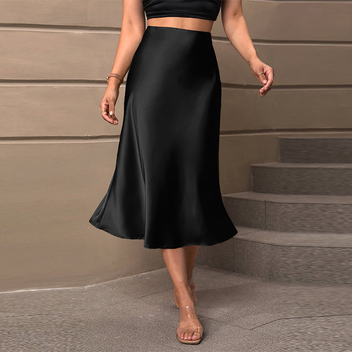 Damen Satin Midirock mit schwingendem Schnitt und elastischem Bund Drune