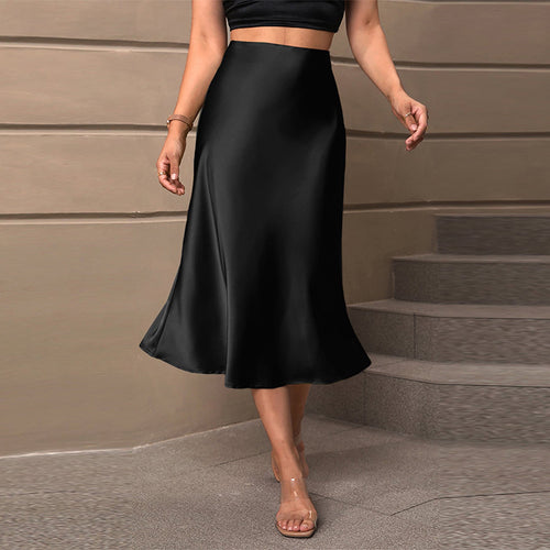 Damen Satin Midirock mit schwingendem Schnitt und elastischem Bund Drune