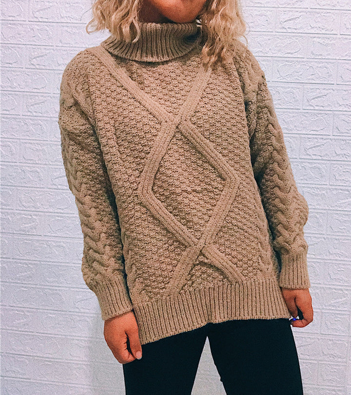 Damen Grobstrickpullover mit modischem Zopfmuster und hohem Kragen Drune
