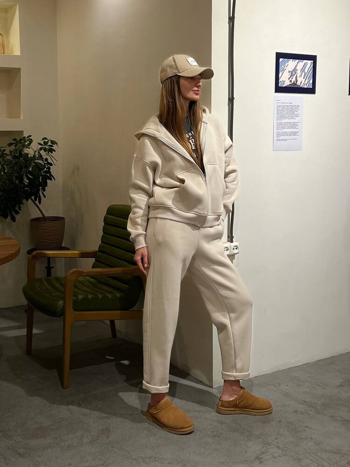 Damen lässiger Fleece-Sweatanzug mit Kapuze und bequemen Bündchen Drune