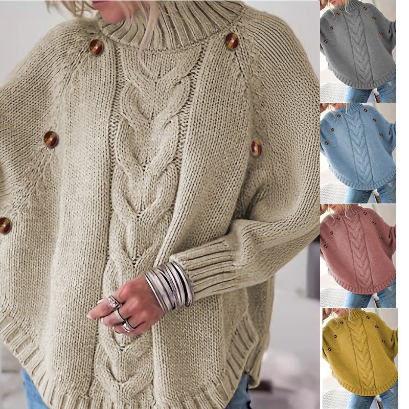Damen Grober Strickpullover mit modernem Zopfdesign und praktischen Knöpfen Drune